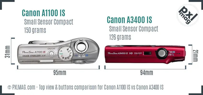 Canon A1100 IS vs Canon A3400 IS top view buttons comparison