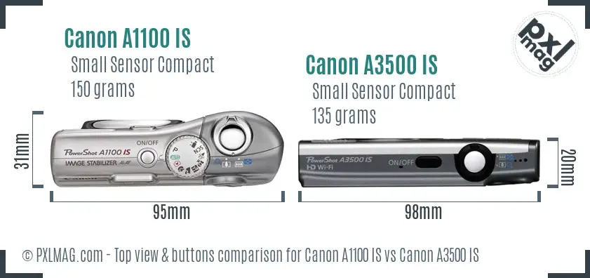 Canon A1100 IS vs Canon A3500 IS top view buttons comparison