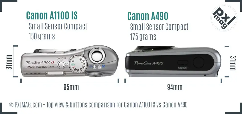 Canon A1100 IS vs Canon A490 top view buttons comparison