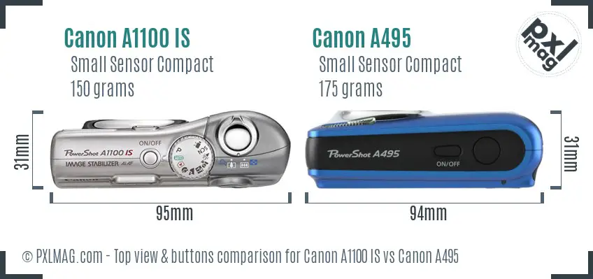 Canon A1100 IS vs Canon A495 top view buttons comparison