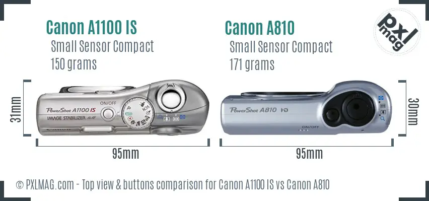 Canon A1100 IS vs Canon A810 top view buttons comparison