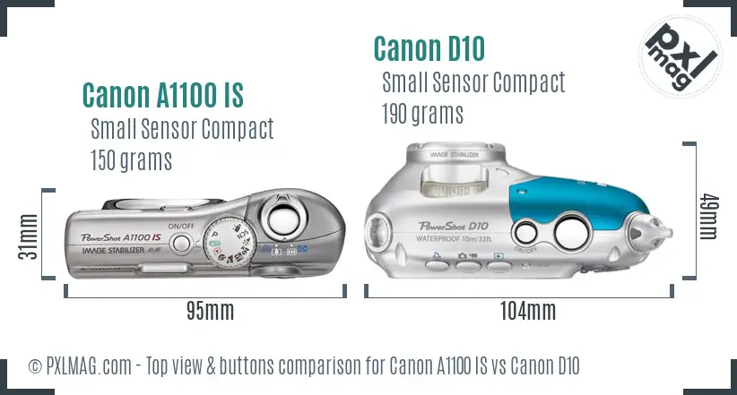 Canon A1100 IS vs Canon D10 top view buttons comparison