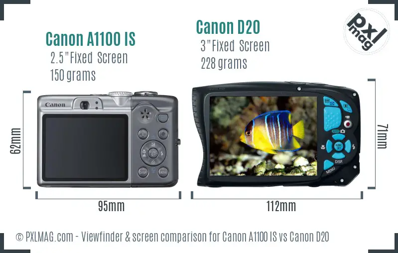 Canon A1100 IS vs Canon D20 Screen and Viewfinder comparison
