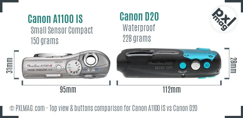 Canon A1100 IS vs Canon D20 top view buttons comparison