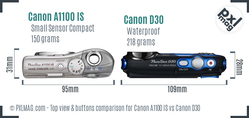 Canon A1100 IS vs Canon D30 top view buttons comparison