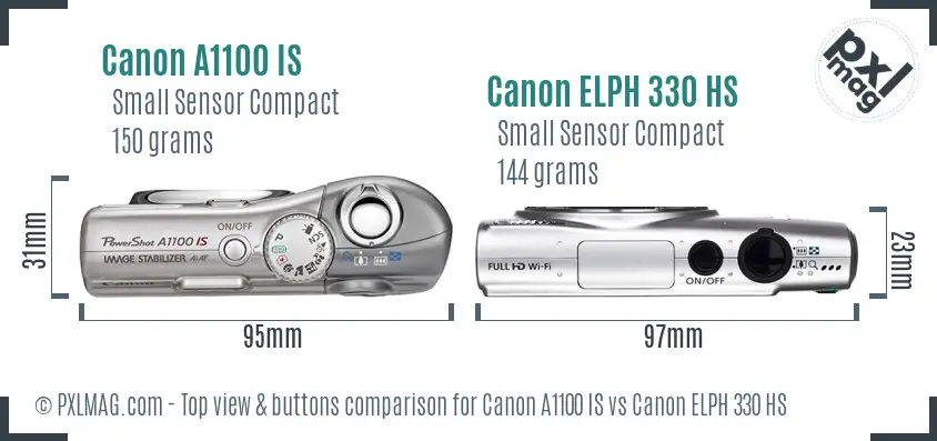 Canon A1100 IS vs Canon ELPH 330 HS top view buttons comparison