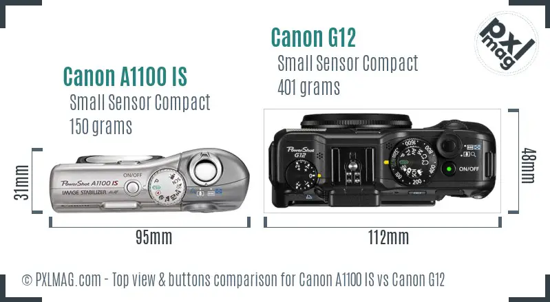 Canon A1100 IS vs Canon G12 top view buttons comparison