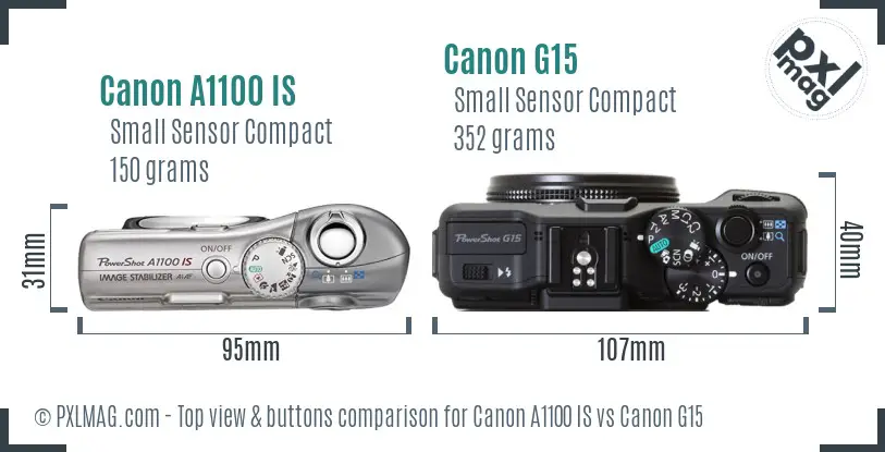 Canon A1100 IS vs Canon G15 top view buttons comparison