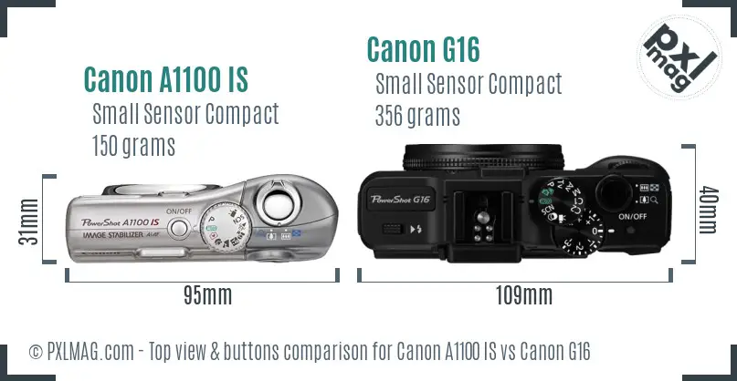 Canon A1100 IS vs Canon G16 top view buttons comparison