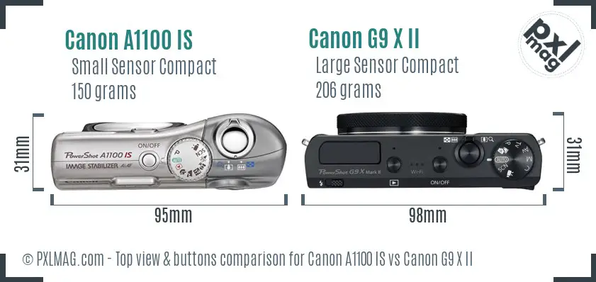 Canon A1100 IS vs Canon G9 X II top view buttons comparison Canon A1100 IS vs Canon G9 X II top view buttons comparison