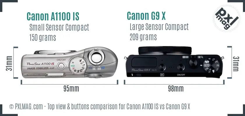 Canon A1100 IS vs Canon G9 X top view buttons comparison