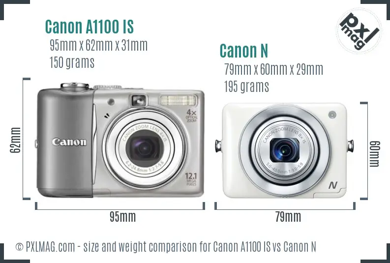 Canon A1100 IS vs Canon N size comparison