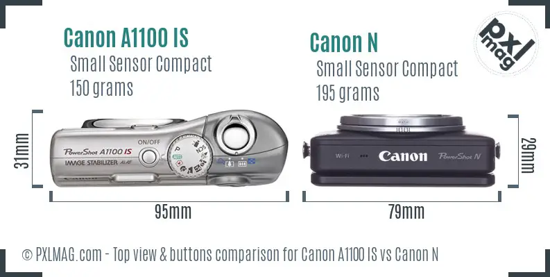 Canon A1100 IS vs Canon N top view buttons comparison
