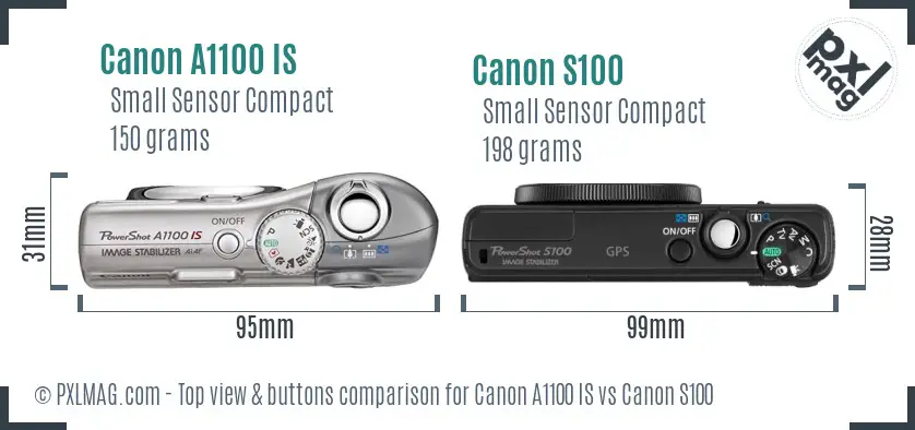 Canon A1100 IS vs Canon S100 top view buttons comparison
