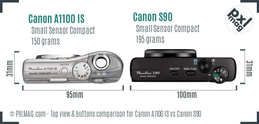 Canon A1100 IS vs Canon S90 top view buttons comparison