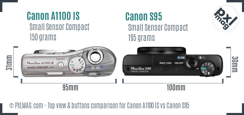 Canon A1100 IS vs Canon S95 top view buttons comparison