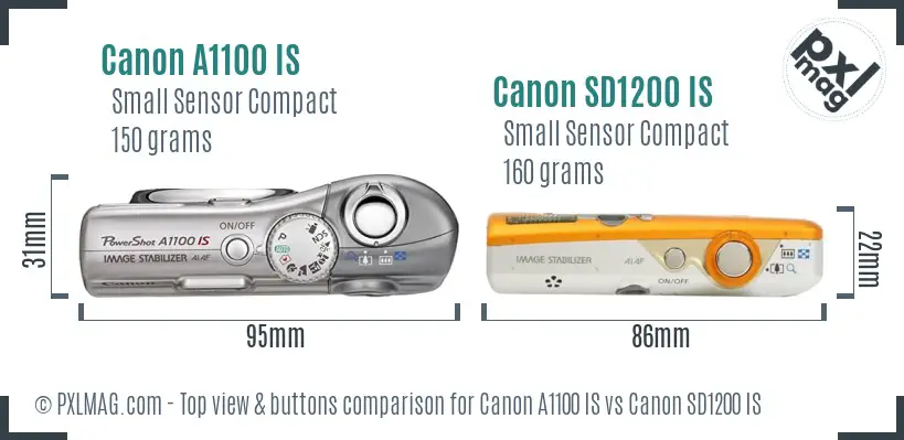 Canon A1100 IS vs Canon SD1200 IS top view buttons comparison Canon A1100 IS vs Canon SD1200 IS top view buttons comparison