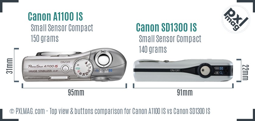 Canon A1100 IS vs Canon SD1300 IS top view buttons comparison