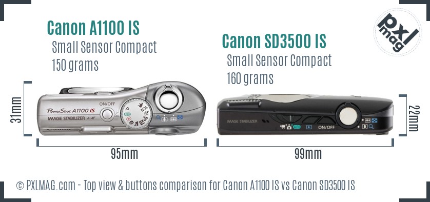 Canon A1100 IS vs Canon SD3500 IS top view buttons comparison