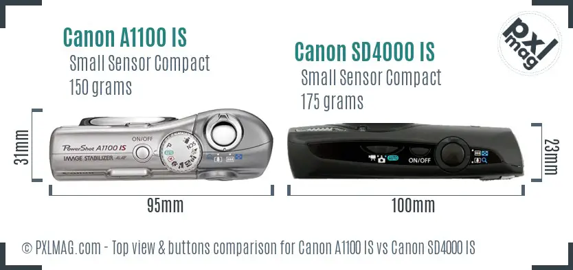 Canon A1100 IS vs Canon SD4000 IS top view buttons comparison