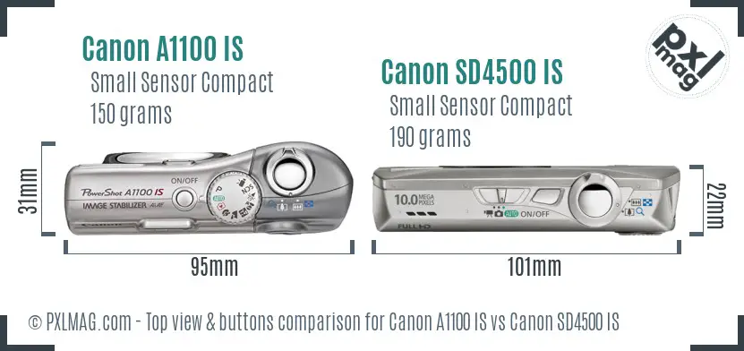 Canon A1100 IS vs Canon SD4500 IS top view buttons comparison Canon A1100 IS vs Canon SD4500 IS top view buttons comparison