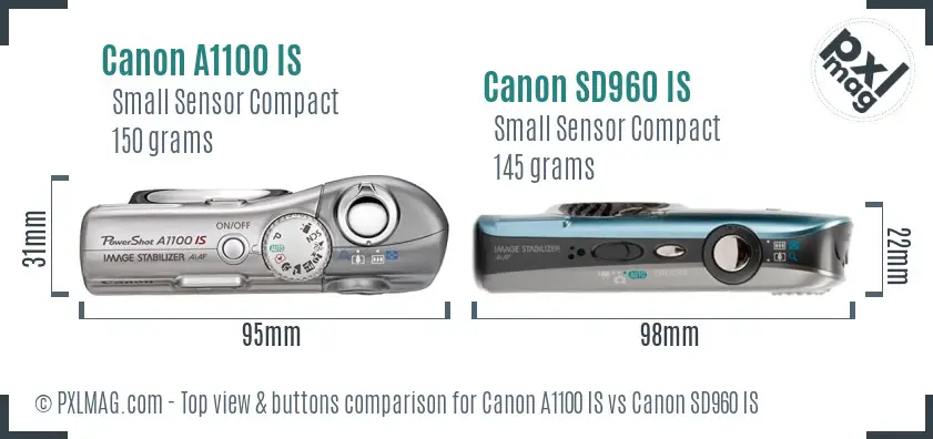Canon A1100 IS vs Canon SD960 IS top view buttons comparison