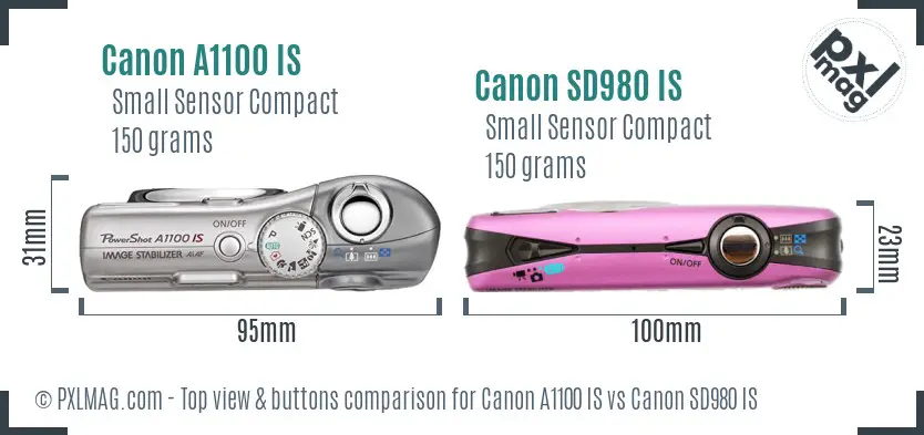 Canon A1100 IS vs Canon SD980 IS top view buttons comparison
