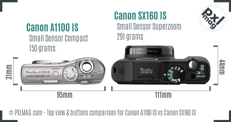 Canon A1100 IS vs Canon SX160 IS top view buttons comparison