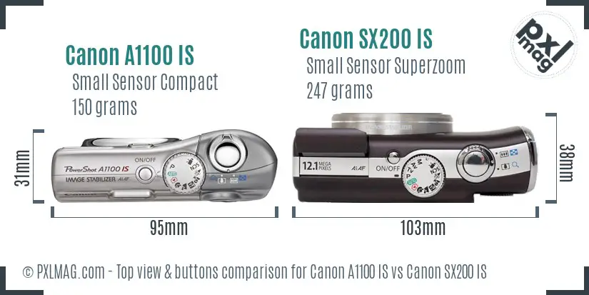 Canon A1100 IS vs Canon SX200 IS top view buttons comparison