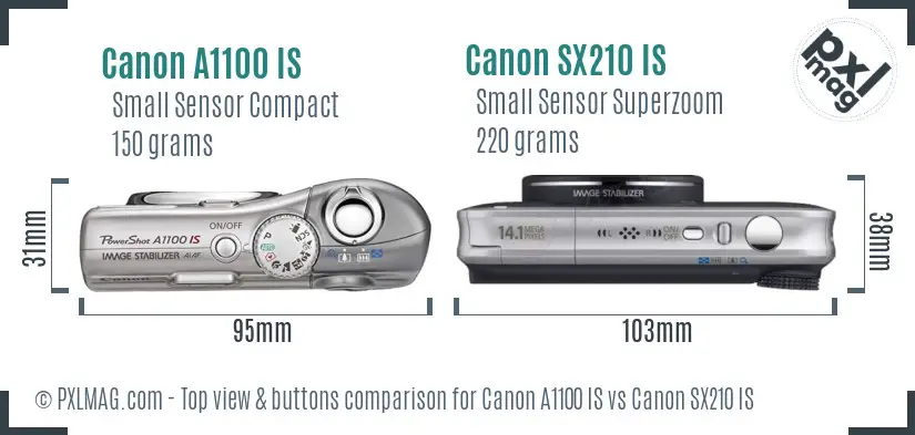 Canon A1100 IS vs Canon SX210 IS top view buttons comparison