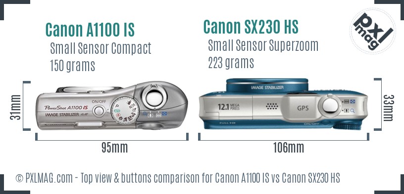 Canon A1100 IS vs Canon SX230 HS top view buttons comparison