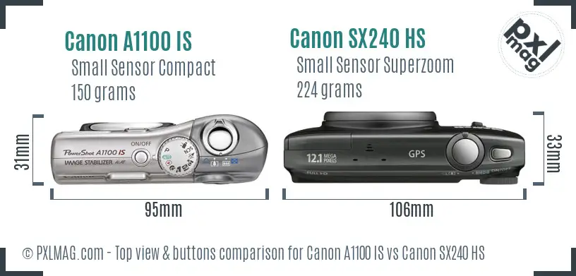 Canon A1100 IS vs Canon SX240 HS top view buttons comparison