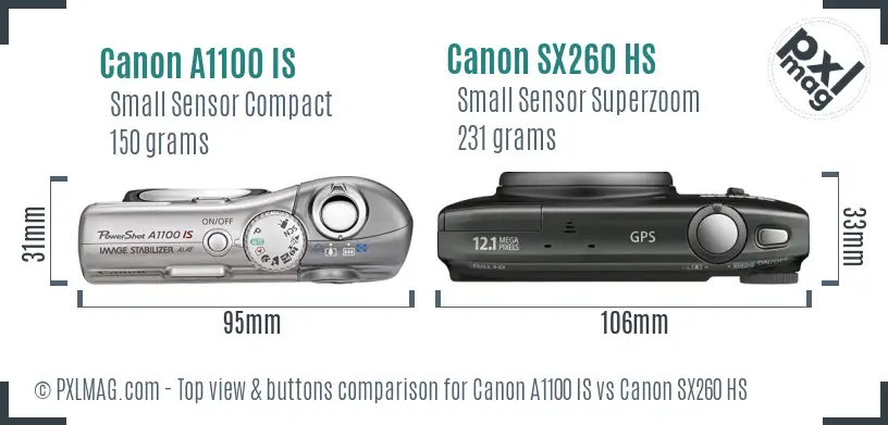 Canon A1100 IS vs Canon SX260 HS top view buttons comparison
