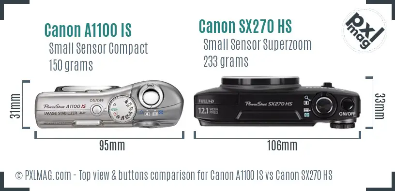Canon A1100 IS vs Canon SX270 HS top view buttons comparison Canon A1100 IS vs Canon SX270 HS top view buttons comparison