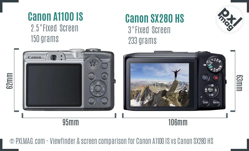 Canon A1100 IS vs Canon SX280 HS Screen and Viewfinder comparison