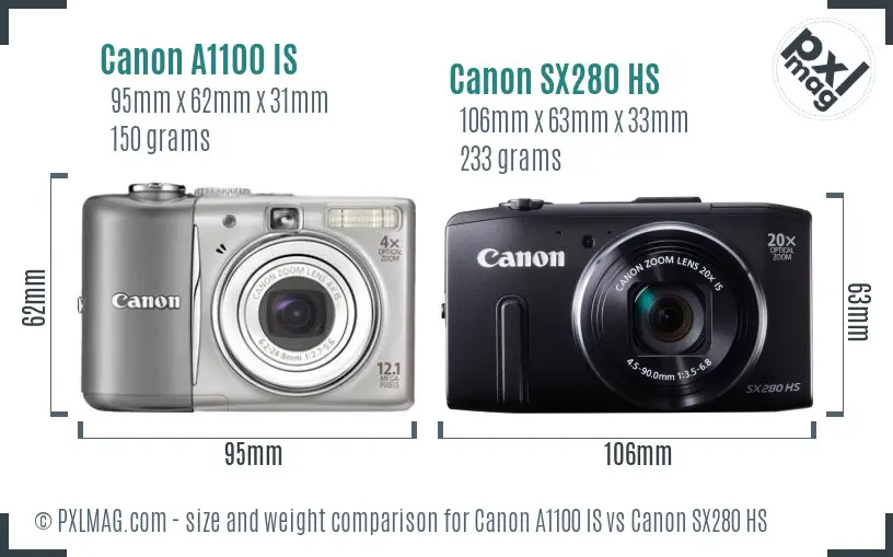 Canon A1100 IS vs Canon SX280 HS size comparison