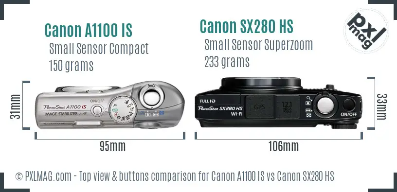 Canon A1100 IS vs Canon SX280 HS top view buttons comparison