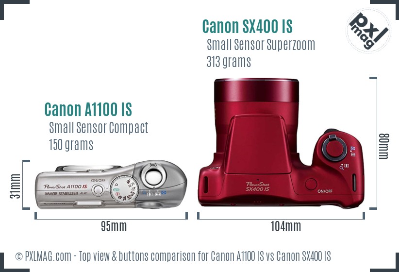 Canon A1100 IS vs Canon SX400 IS top view buttons comparison
