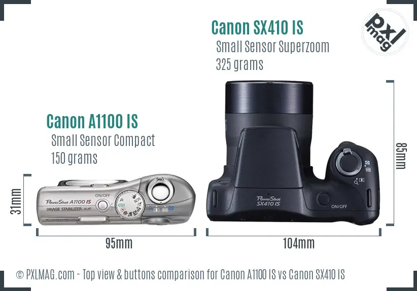 Canon A1100 IS vs Canon SX410 IS top view buttons comparison