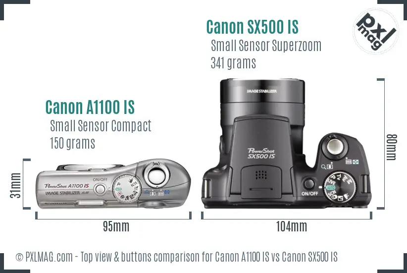 Canon A1100 IS vs Canon SX500 IS top view buttons comparison