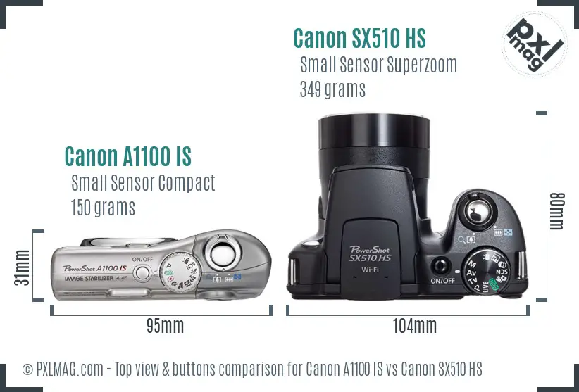 Canon A1100 IS vs Canon SX510 HS top view buttons comparison