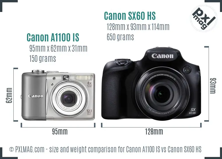 Canon A1100 IS vs Canon SX60 HS size comparison