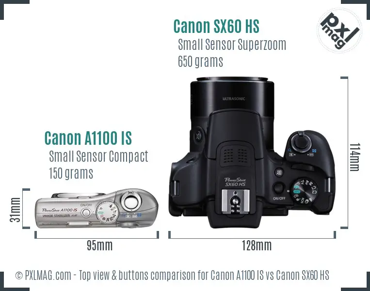 Canon A1100 IS vs Canon SX60 HS top view buttons comparison