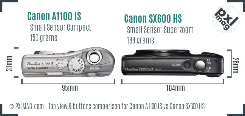 Canon A1100 IS vs Canon SX600 HS top view buttons comparison