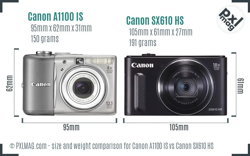 Canon A1100 IS vs Canon SX610 HS size comparison