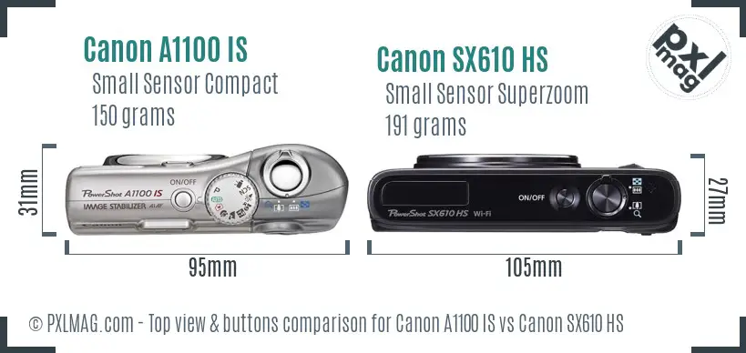 Canon A1100 IS vs Canon SX610 HS top view buttons comparison