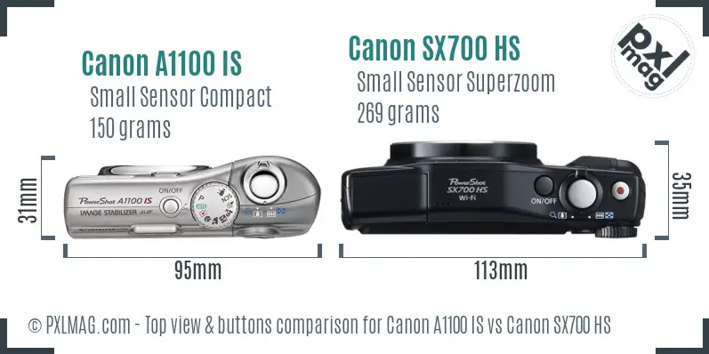 Canon A1100 IS vs Canon SX700 HS top view buttons comparison