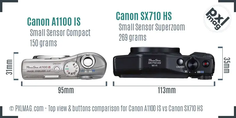 Canon A1100 IS vs Canon SX710 HS top view buttons comparison Canon A1100 IS vs Canon SX710 HS top view buttons comparison