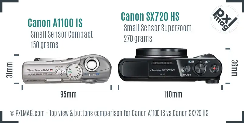 Canon A1100 IS vs Canon SX720 HS top view buttons comparison