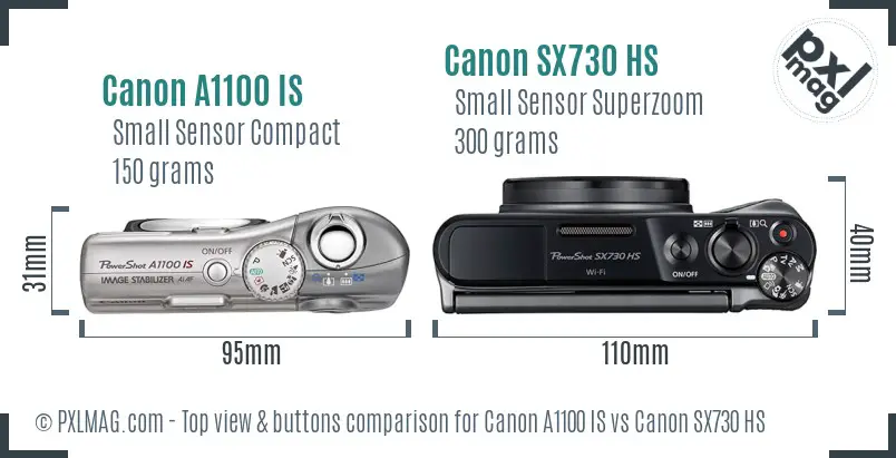 Canon A1100 IS vs Canon SX730 HS top view buttons comparison